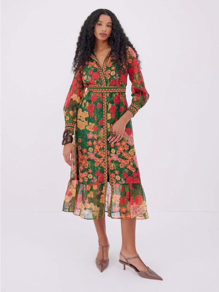 Green And Red Floral Midi Dress With V-Neck